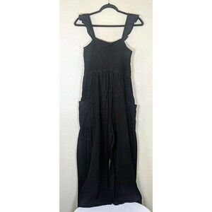 Sleeveless Smock Top Black Linen Blend Wide Leg Jumpsuit Size M